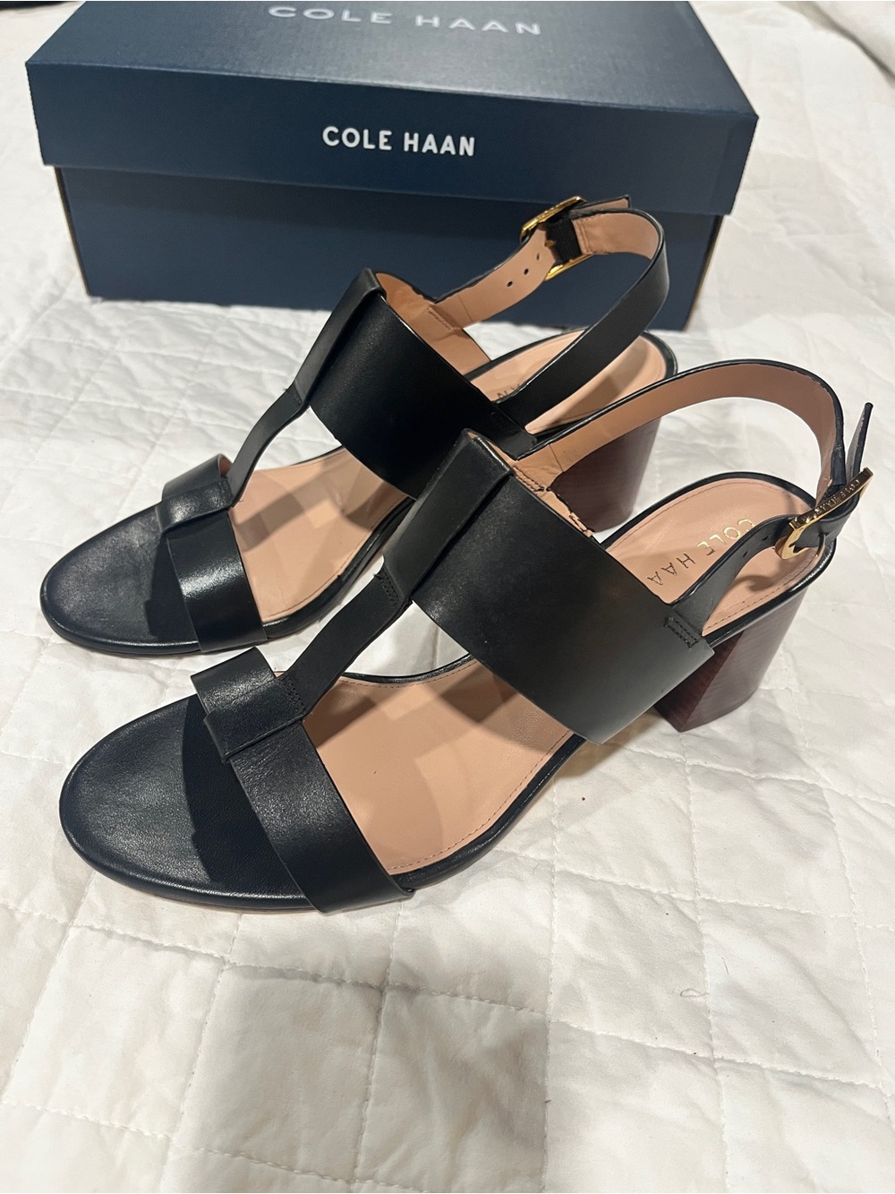 Cole Haan Black Leather T-Strap Block Heel Sandals